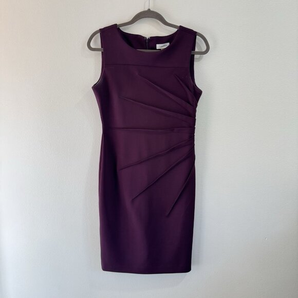 Calvin Klein Dress 8 / M Scuba Knit Ruched Purple Stretch Career Cocktail - Picture 1 of 9